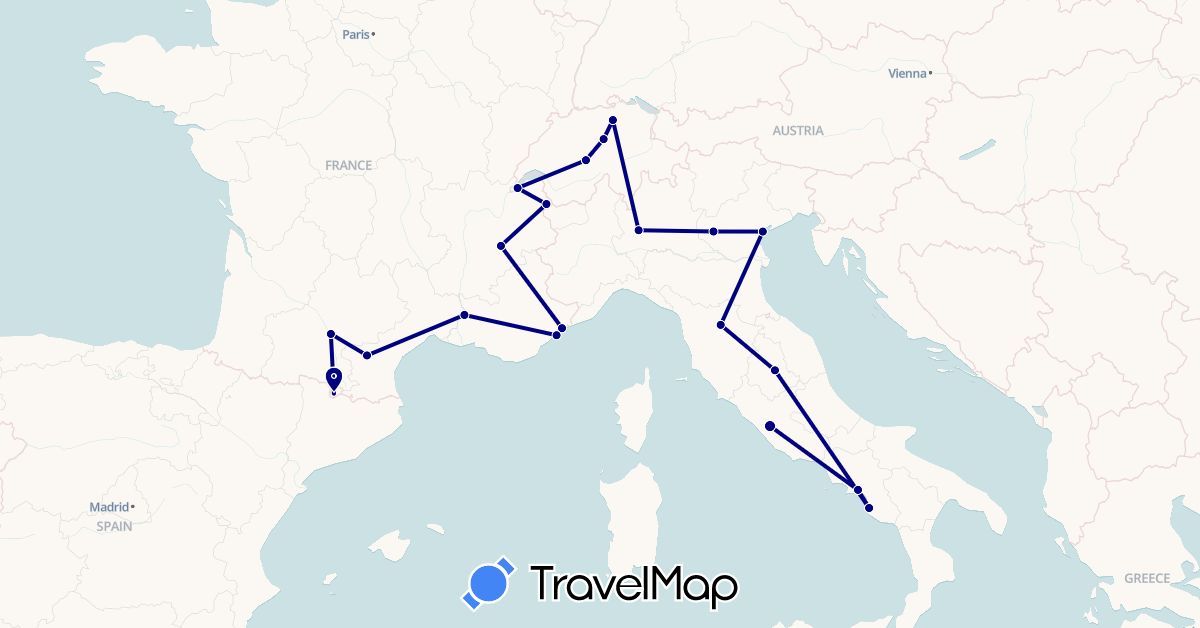 TravelMap itinerary: driving in Andorra, Switzerland, France, Italy (Europe)
